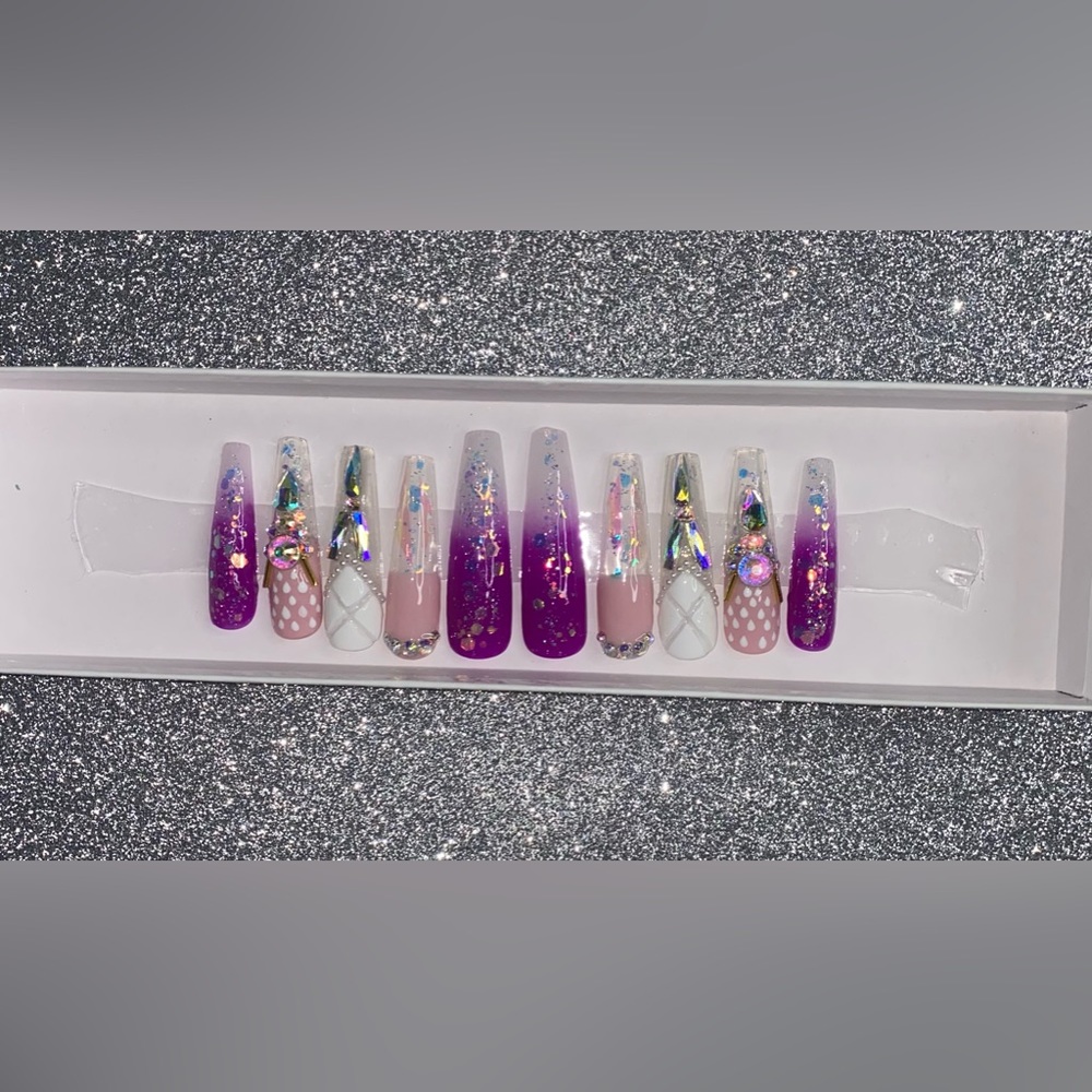 Acrylic Press On Nails|XL Purple/Pink Ombré Nails| Rhinestone Bling|